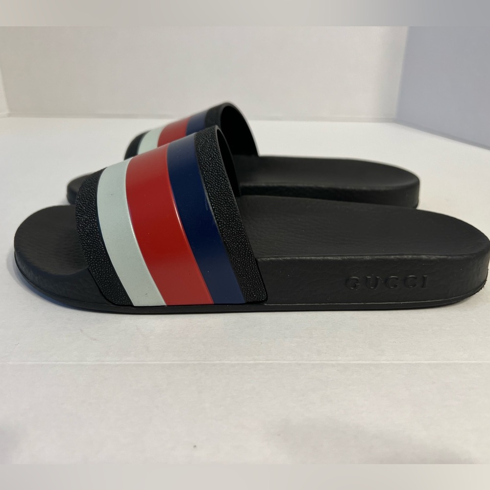 Gucci WEB RUBBER Slides IN BLACK Blue / Red & White Sandals men’s UK size 6 - Picture 3 of 12